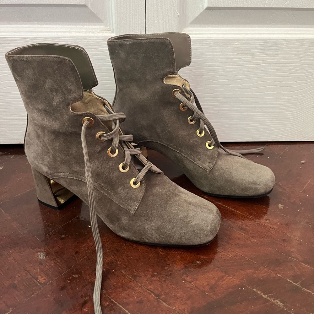 Marion Parke taupe square toe suede heeled boots with gold details